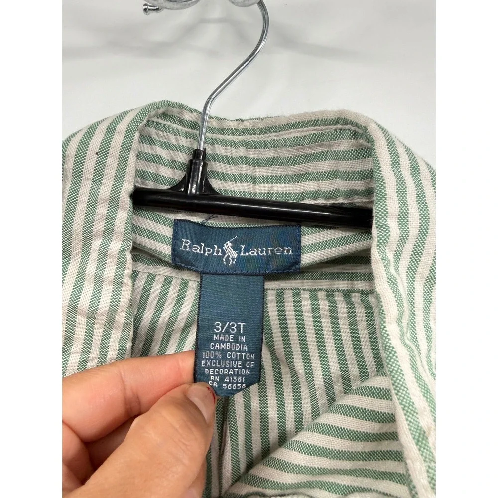Ralph Lauren 3T Button Down Shirt Toddler Green White Striped Long Sleeve
